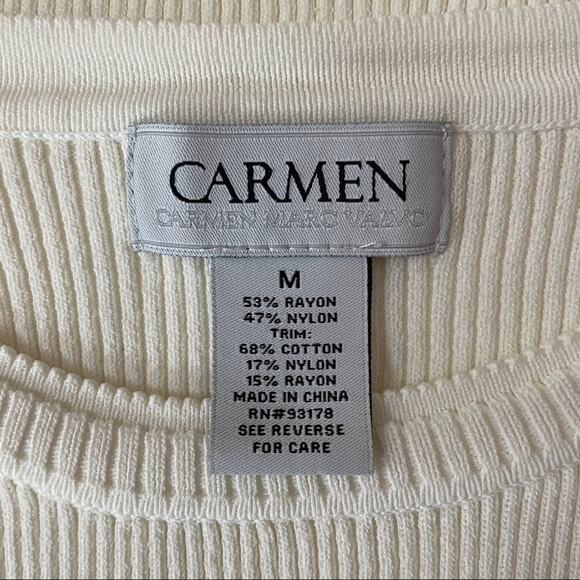 50% OFF Carmen Marc Valvo Top Ribbed Lace Sleeves Stretch Off White Blouse - Picture 5 of 6